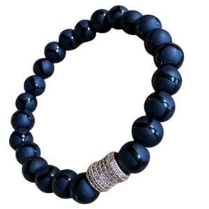 Matte Black Onyx Geometric Beaded Stretch Bracelet w/ Gold Pavé Spacer